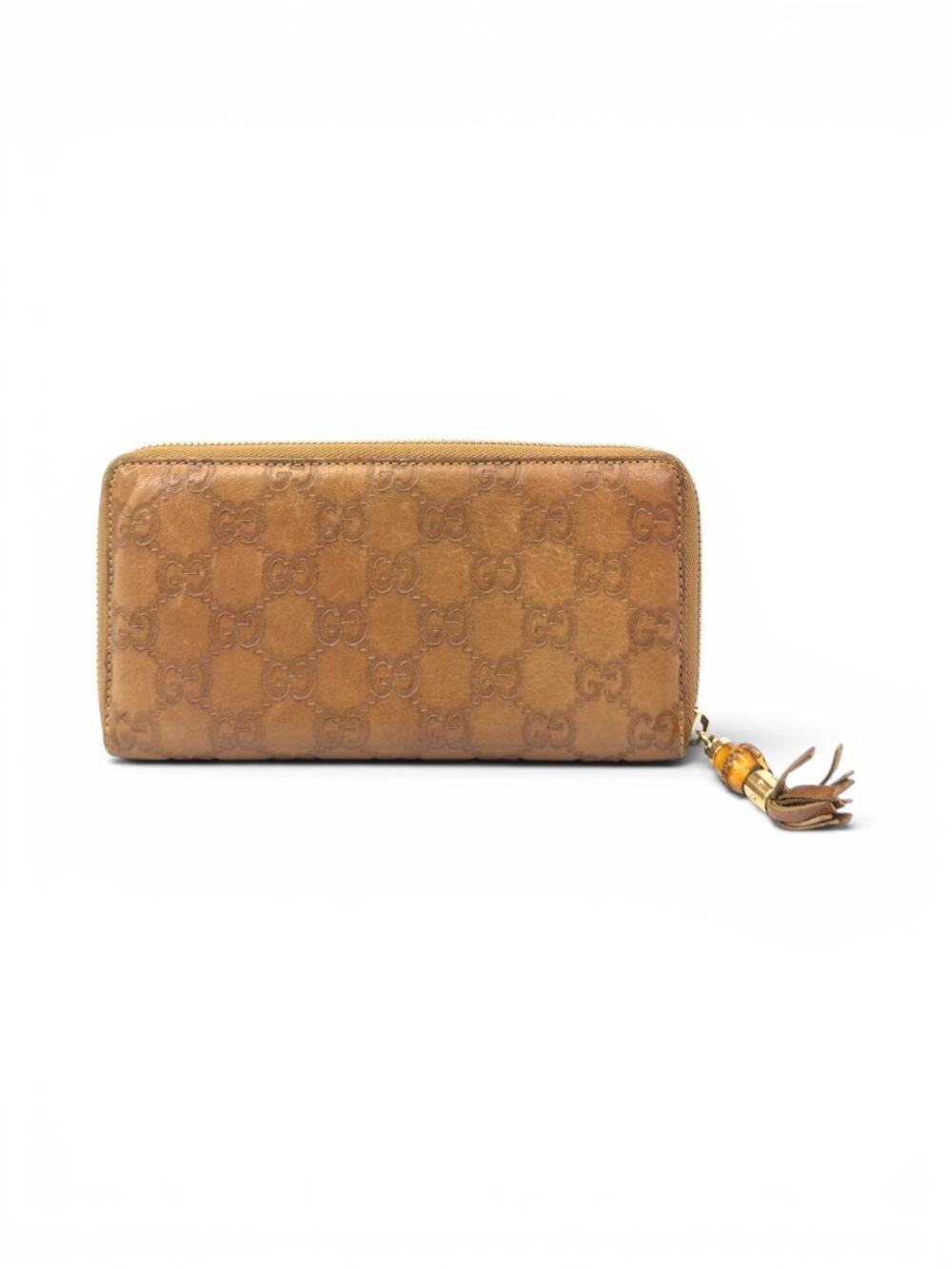 Gucci Guccissima Leather Zip Around Wallet Brown Bamboo Tassel